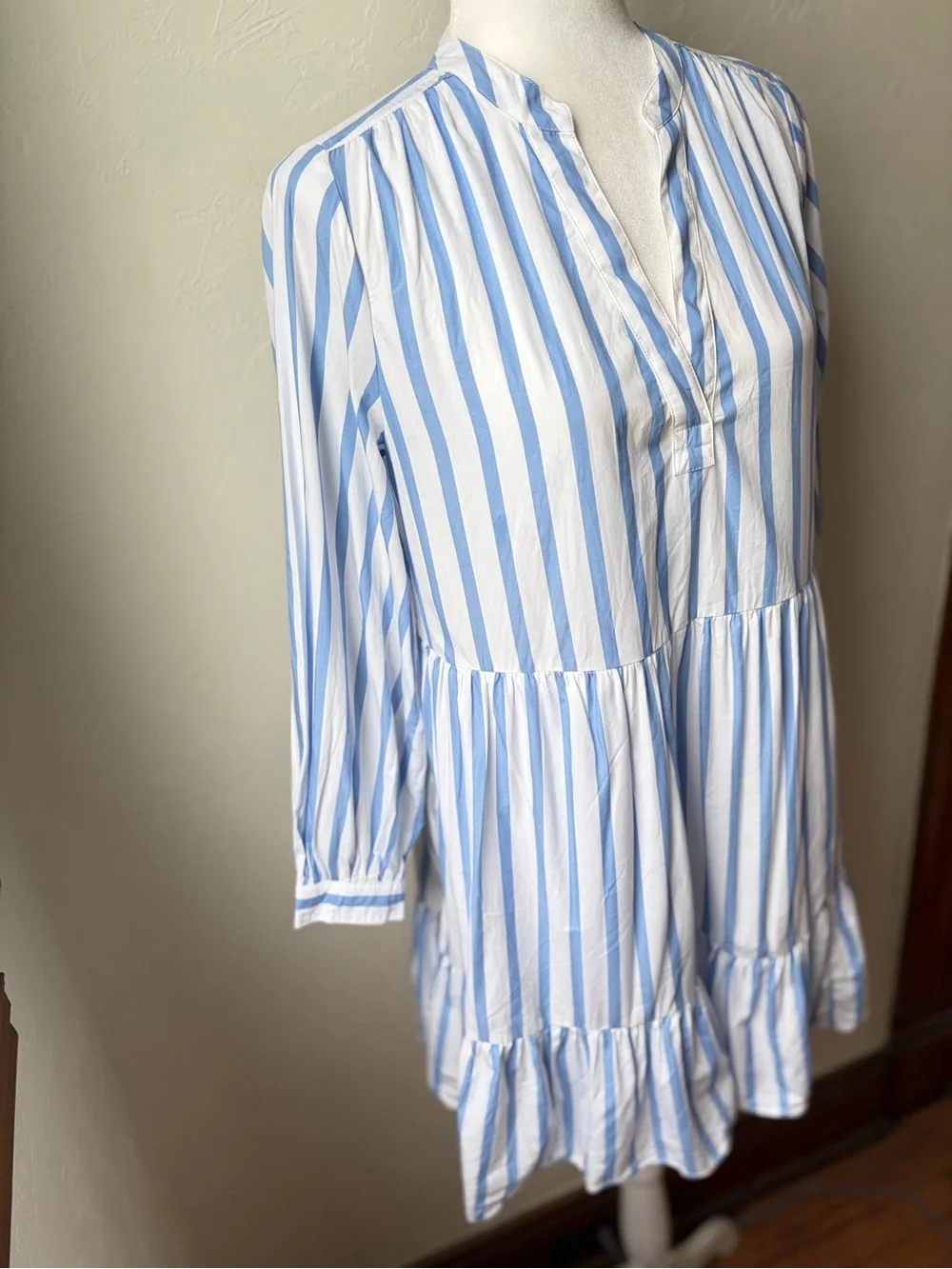 J. Crew Blue & White Striped Tiered V-Neck Mini Dress